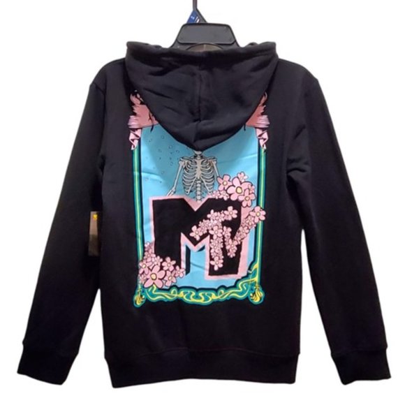 NWT MTV Skeleton & Floral Graphic Black Hoodie Sweatshirt Sz XS Goblincore Goth - Picture 3 of 10